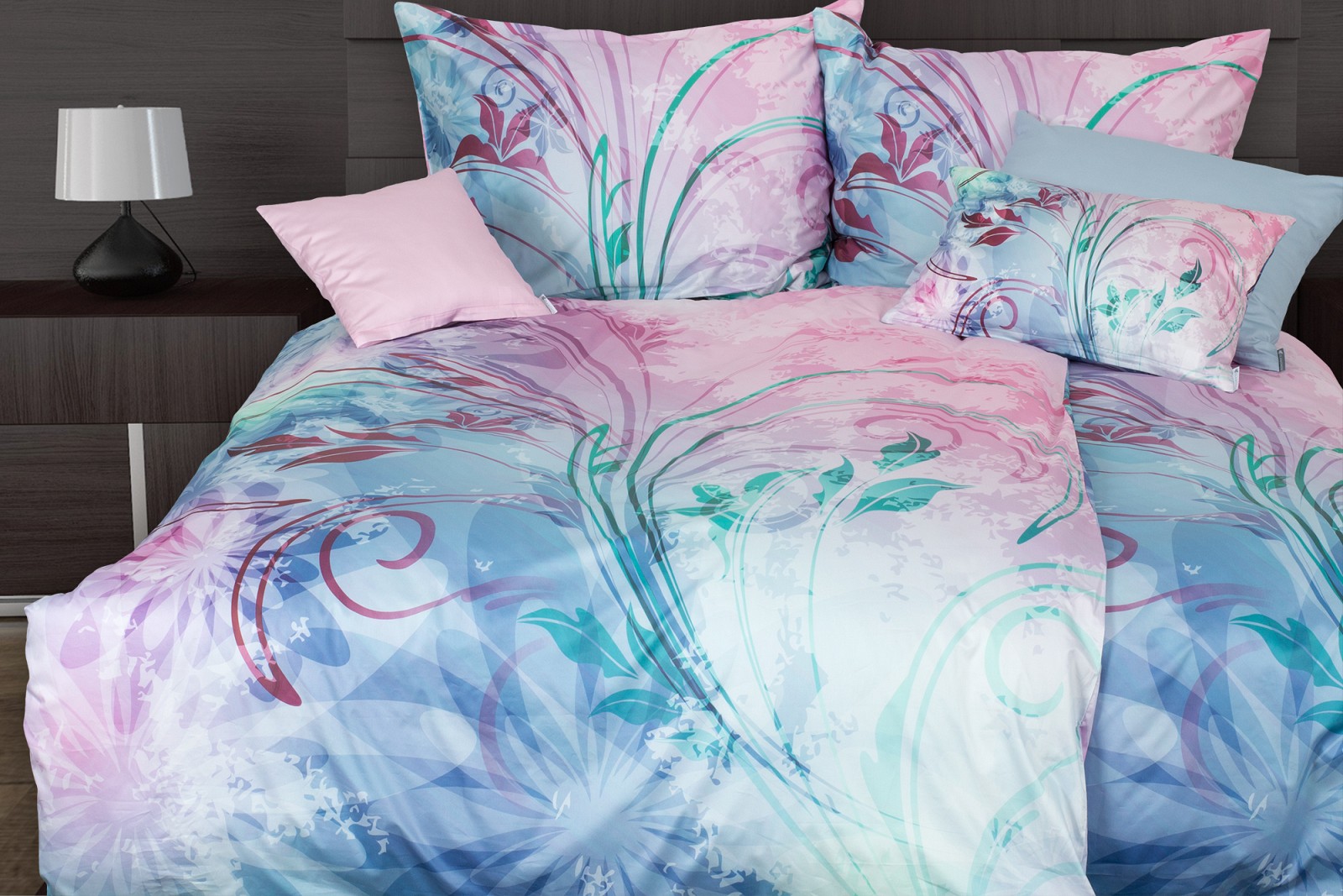 Satin-Bettwäsche mit feinem Glanz in Rosa und Blaugrün | Glamonde